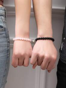 2pcs Couple's Glow-In-The-Dark Crown & Heart Beaded Bracelet, Suitable As Valentine's Day Gift - Multicolor - View 7