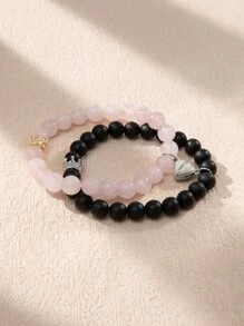 2pcs Couple's Glow-In-The-Dark Crown & Heart Beaded Bracelet, Suitable As Valentine's Day Gift - Multicolor - View 8