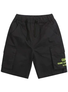 男孩休閒字母圖案工裝短褲帶大口袋,夏天