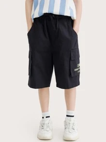 男孩休閒字母圖案工裝短褲帶大口袋,夏天