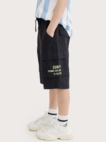 男孩休閒字母圖案工裝短褲帶大口袋,夏天