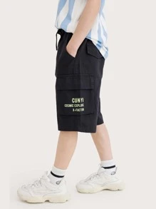 男孩休閒字母圖案工裝短褲帶大口袋,夏天
