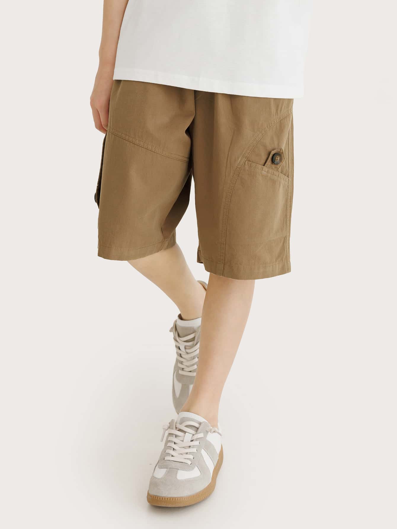 Chicos Shorts unicolor con bolsillo lateral de cintura con cordón - Camel - Ver 1