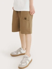 Chicos Shorts unicolor con bolsillo lateral de cintura con cordón - Camel - Ver 3