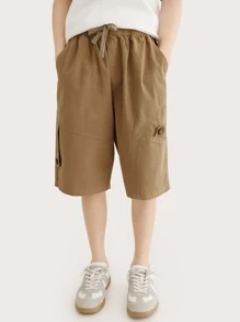Chicos Shorts unicolor con bolsillo lateral de cintura con cordón - Camel - Ver 4