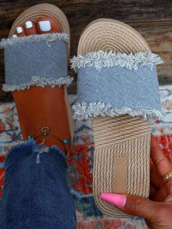 Women Single Band Denim Wedge Slide Sandals, Vacation Outdoor Fabric Wedge Sandals