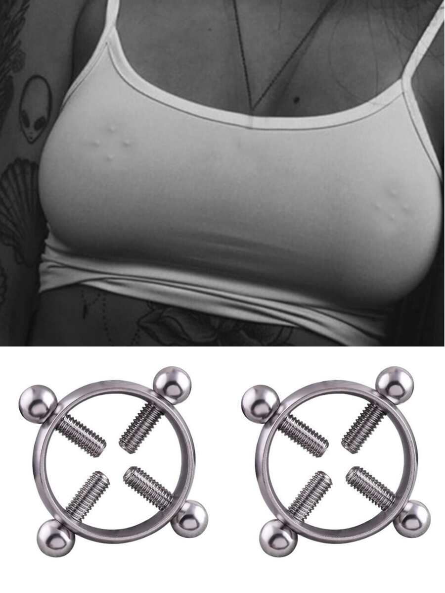 2pcs/set Perfect Piercing Round Decor Nipple Ring Stainless Steel For Women & Men No Piercing Needed Septum Body Jewelry - Silver - View 1
