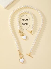 Heart Charm Faux Pearl Beaded Necklace & Bracelet Valentines,Mom,Mother,Mother's Day,Gift - Multicolor - View 4