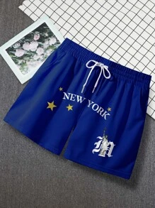 Manfinity Men Star & Letter Graphic Drawstring Waist Shorts - Royal Blue - View 1