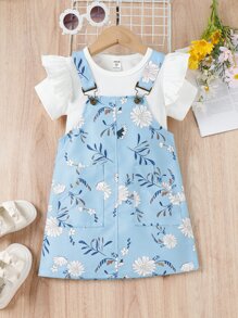 SHEIN Toddler Girls Ruffle Trim Tee & Floral Print Pinafore Dress - Blue and White - View 1