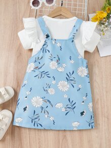 SHEIN Toddler Girls Ruffle Trim Tee & Floral Print Pinafore Dress - Blue and White - View 2