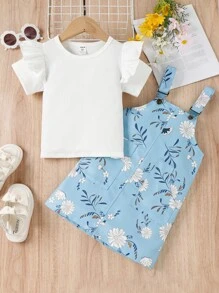 SHEIN Toddler Girls Ruffle Trim Tee & Floral Print Pinafore Dress - Blue and White - View 3