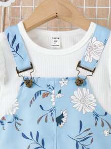 SHEIN Toddler Girls Ruffle Trim Tee & Floral Print Pinafore Dress - Blue and White - View 5