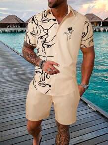 Manfinity RSRT 男士人像圖案襯衫和腰部抽繩短褲不帶T恤 - 卡其色 - 查看 1