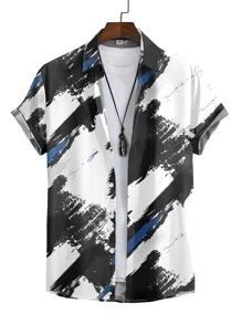 Manfinity Homme Men's Plus Size Casual Loose Brush Print Shirt Without Undershirt - Multicolor - View 1