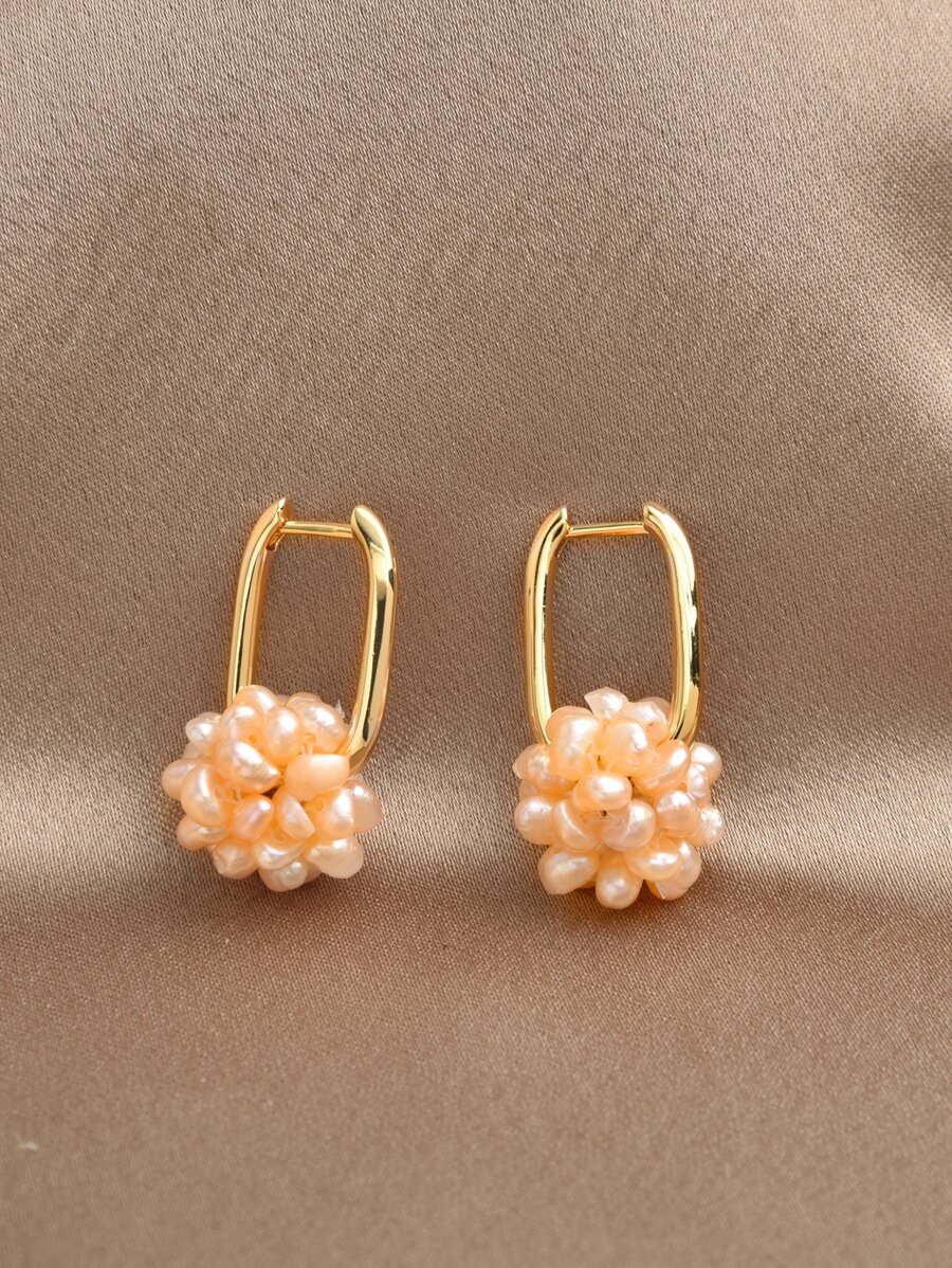 1pair Natural Pearl Flower Ball Earrings For Women - Pink - View 1