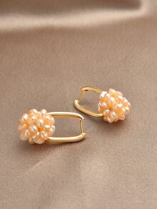 1pair Natural Pearl Flower Ball Earrings For Women - Pink - View 2