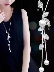 Long Necklace Rhinestone Leaf & Faux Pearl Decor Y Lariat Sweater Chain Necklace