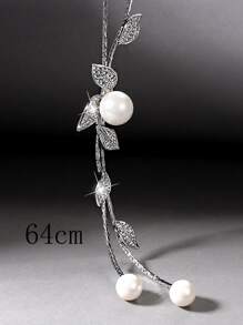Long Necklace Rhinestone Leaf & Faux Pearl Decor Y Lariat Sweater Chain Necklace