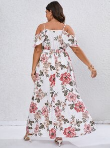 SHEIN VCAY 大碼印花挖肩高衩繫腰帶連衣裙 - 白色 - 查看 2
