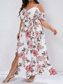 SHEIN VCAY 大碼印花挖肩高衩繫腰帶連衣裙 - 白色 - 查看 3