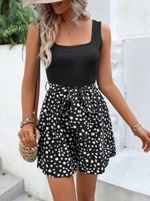 SHEIN LUNE Dalmatian Print Belted Tank Romper - Black and White - View 1