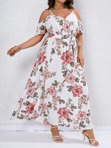 SHEIN VCAY 大碼印花挖肩高衩繫腰帶連衣裙 - 白色 - 查看 5
