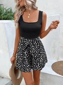 SHEIN LUNE Dalmatian Print Belted Tank Romper - Black and White - View 3