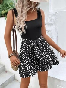 SHEIN LUNE Dalmatian Print Belted Tank Romper - Black and White - View 4