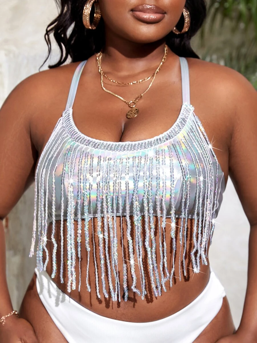 SHEIN Top bikini con diamante de imitación ribete con fleco - Plateado - Ver 1