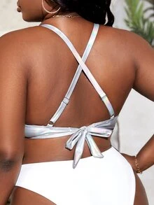 SHEIN Top bikini con diamante de imitación ribete con fleco - Plateado - Ver 2