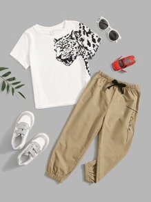 SHEIN Leap Crew Toddler Boys Leopard Print Tee & Letter Graphic Drawstring Waist Trousers - Khaki - View 1
