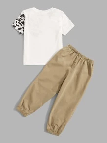 SHEIN Leap Crew Toddler Boys Leopard Print Tee & Letter Graphic Drawstring Waist Trousers - Khaki - View 2