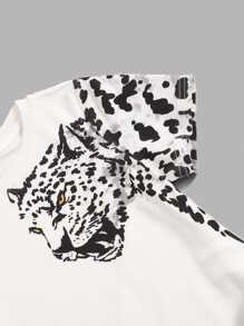 SHEIN Leap Crew Toddler Boys Leopard Print Tee & Letter Graphic Drawstring Waist Trousers - Khaki - View 3