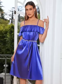 SHEIN Belle Cold Shoulder Ruffle Trim Satin Dress - Royal Blue - View 1