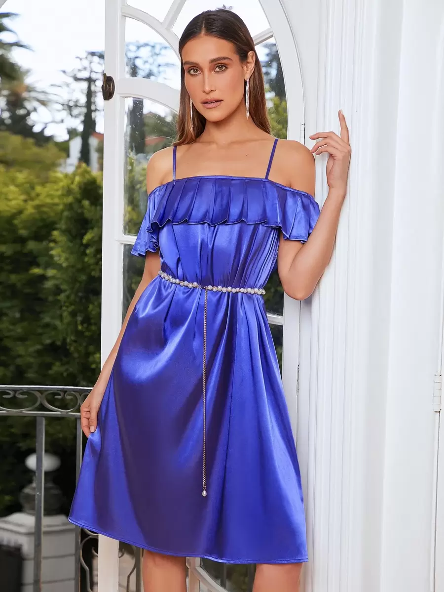 SHEIN Belle Cold Shoulder Ruffle Trim Satin Dress - Royal Blue - View 1