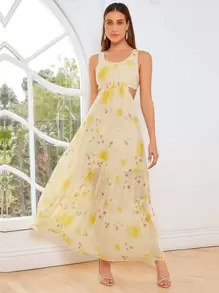 SHEIN Belle 1pc Floral Print Cut Out Waist Ruffle Hem Bridesmaid Dress