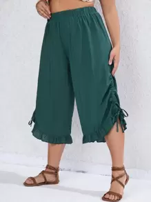 SHEIN VCAY Plus Drawstring Side Ruffle Hem Capri Pants - Green - View 1