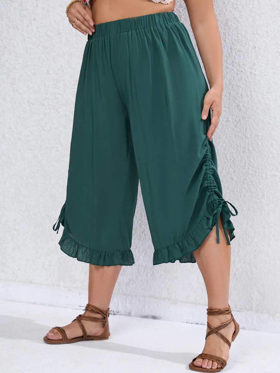 SHEIN VCAY Plus Drawstring Side Ruffle Hem Capri Pants - Green - View 1