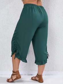SHEIN VCAY Plus Drawstring Side Ruffle Hem Capri Pants - Green - View 2