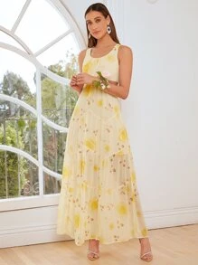 SHEIN Belle 1pc Floral Print Cut Out Waist Ruffle Hem Bridesmaid Dress