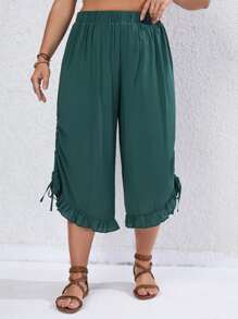 SHEIN VCAY Plus Drawstring Side Ruffle Hem Capri Pants - Green - View 3