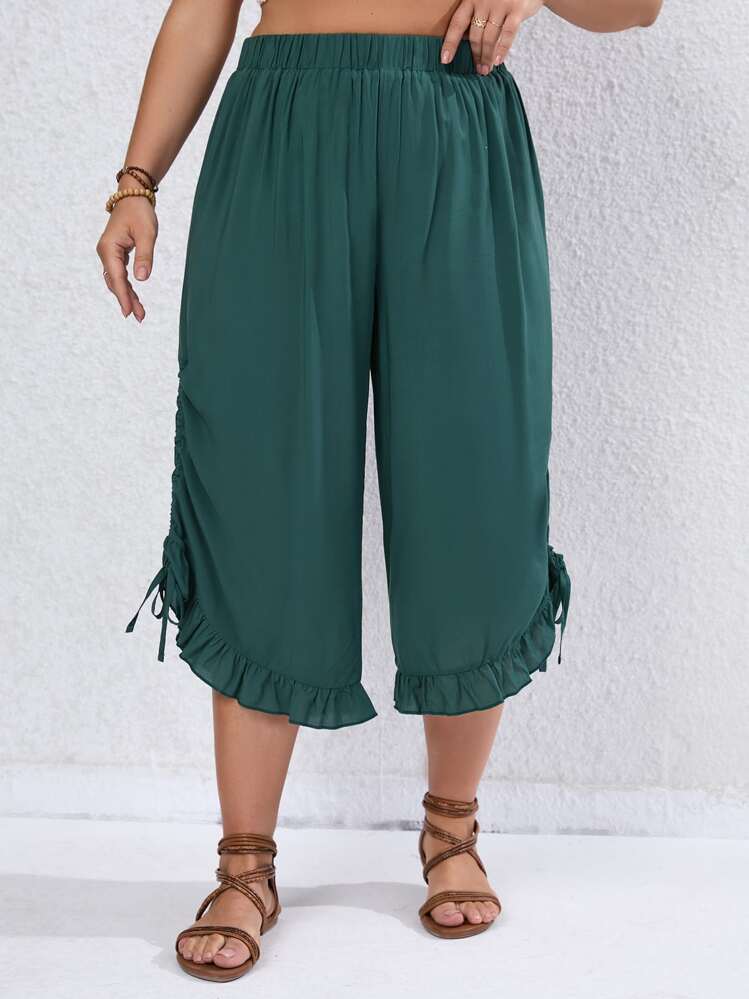 SHEIN VCAY Pantalones capri con cordón lateral bajo con fruncido - Verde - Añade 3