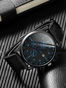 ECONOMICXI 1入組男士圓形指針日期石英手錶和3入組手環 - 黑色 - 查看 3