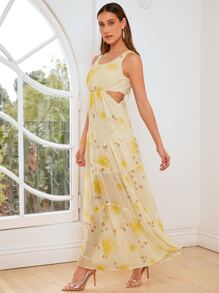 SHEIN Belle 1pc Floral Print Cut Out Waist Ruffle Hem Bridesmaid Dress