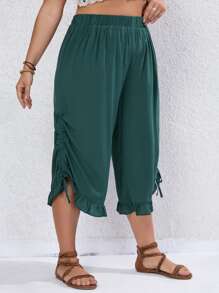 SHEIN VCAY Plus Drawstring Side Ruffle Hem Capri Pants - Green - View 4