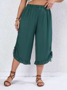 SHEIN VCAY Plus Drawstring Side Ruffle Hem Capri Pants - Green - View 5