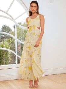 SHEIN Belle 1pc Floral Print Cut Out Waist Ruffle Hem Bridesmaid Dress