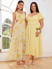 SHEIN Belle 1pc Floral Print Cut Out Waist Ruffle Hem Bridesmaid Dress
