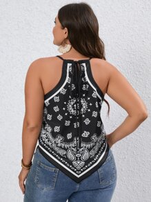 SHEIN VCAY Plus Paisley Print Asymmetrical Hem Halter Top - Black and White - View 2